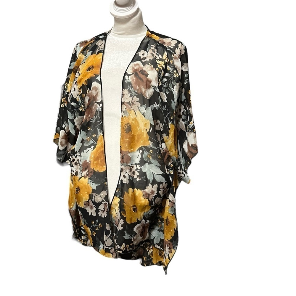 Emory Park Women Yellow & Black Floral Print Kimono Wrap Beach Cover Up Size L